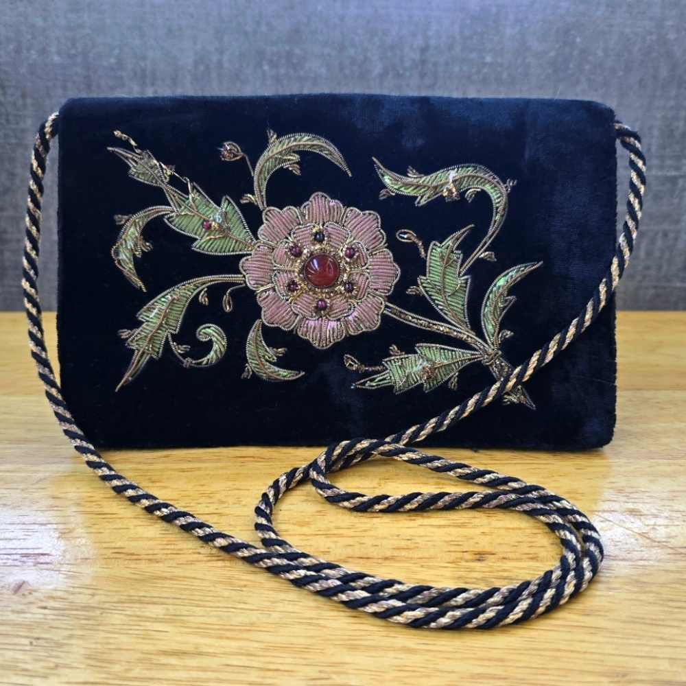 Vintage SUDHA Embroidered Black Velvet Evening Bag